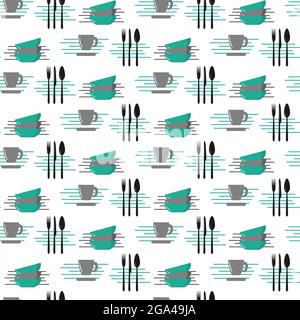 Pattern with cutlery, cup and bowls. Vector illustration. Stock Vector