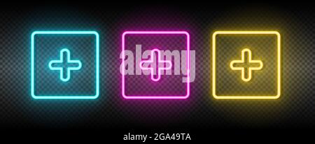 add, box neon vector icon. Illustration neon blue, yellow, red icon set. Stock Vector