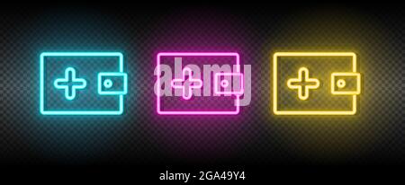add, money, wallet neon vector icon. Illustration neon blue, yellow, red icon set. Stock Vector