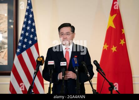 Washington, USA. 28th July, 2021. China's new Ambassador to the United States Qin Gang makes remarks to Chinese and U.S. media upon arrival in the United States on July 28, 2021. Credit: Liu Jie/Xinhua/Alamy Live News Stock Photo
