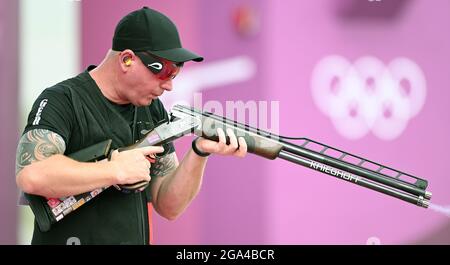 Tokio, Japan. 29th July, 2021. Shooting: Olympia, Trap, Men, Qualification, Alaska Shooting Range. Andy Löw from Germany in action. Credit: Swen Pförtner/dpa/Alamy Live News Stock Photo