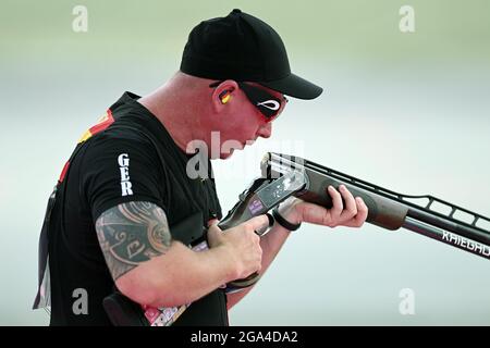 Tokio, Japan. 29th July, 2021. Shooting: Olympia, Trap, Men, Qualification, Alaska Shooting Range. Andy Löw from Germany in action. Credit: Swen Pförtner/dpa/Alamy Live News Stock Photo