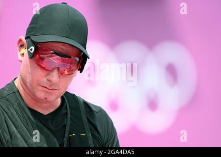 Tokio, Japan. 29th July, 2021. Shooting: Olympics, trap, men, finals, Alaska Shooting Range. Credit: Swen Pförtner/dpa/Alamy Live News Stock Photo