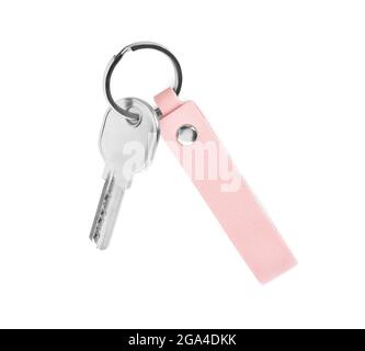Key with leather keychain on white background Stock Photo