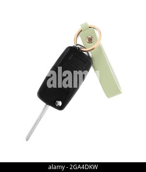 Car key with leather keychain on white background Stock Photo