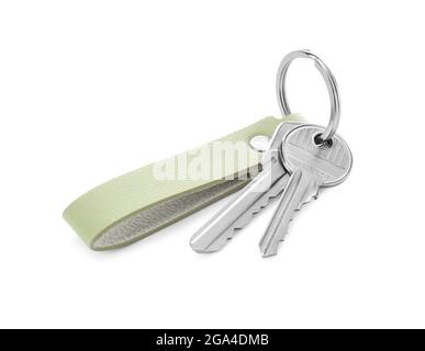 Keys with leather keychain on white background Stock Photo