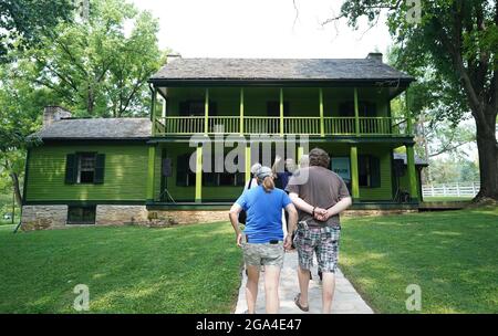 St. Louis, United States. 28th July, 2021. A group of visitors are escorted into the St. Louis home of Civil War general and the 18th President of the United States, Ulysses S. Grant, in St. Louis on Wednesday, July 28, 2021. Grant first met Julia Dent, his future wife, at her family home, named White Haven. From 1854 to 1859 the Dents, Grants and an enslaved African-American workforce lived on the property. Photo by Bill Greenblatt/UPI Credit: UPI/Alamy Live News Stock Photo