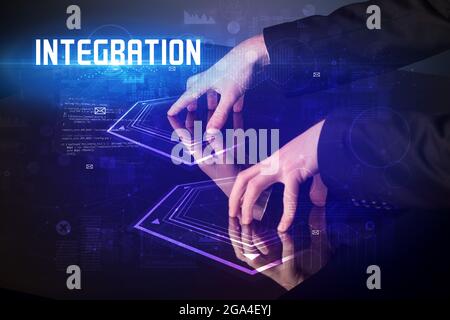 Hand touching digital table Stock Photo