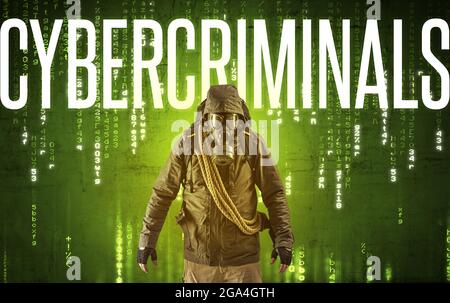 Faceless hacker with inscription Stock Photo