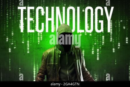 Faceless hacker with inscription Stock Photo