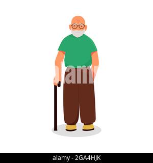 Old man with glasses and with a stick in his hand, vector character in cartoon style. Flat design Stock Vector