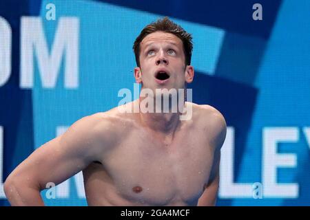 Tokio, Japan. 29th July, 2021. Swimming: Olympics, men, 200m medley, semifinals at Tokyo Aquatics Centre. Philip Heintz of Germany reacts. Credit: Friso Gentsch/dpa/Alamy Live News Stock Photo