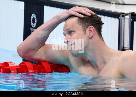 Tokio, Japan. 29th July, 2021. Swimming: Olympics, men, 200m medley, semifinals at Tokyo Aquatics Centre. Philip Heintz of Germany reacts. Credit: Friso Gentsch/dpa/Alamy Live News Stock Photo