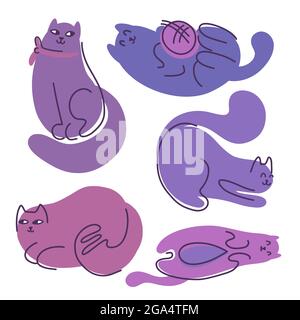 Set of abstract lazy cats with a contour drawing. Hand-drawn flat pets. Vector playful kittens. Fashion animal illustration Stock Vector