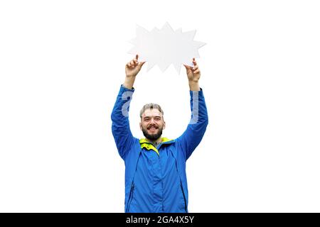 Smiling young man holding empty blank board isolated on white background. Your text here Stock Photo
