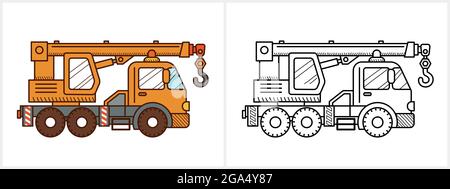 Crane truck coloring page. Crane truck side view Stock Vector