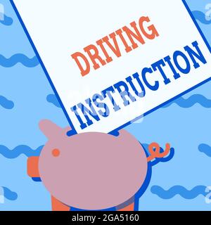 Hand writing sign Driving Instruction. Concept meaning detailed information on how driving should be done Piggy Bank Drawing With Large Sheet Of Paper Stock Photo