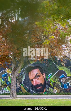 Urban street art graffiti on wall of abandoned building looking through trees from public gardens of La Rochelle, Charente-Maritime, France Stock Photo