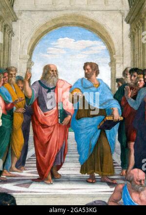 Italy: Central detail from 'The School of Athens', featuring Greek philosophers Plato (red robe) and Aristotle (blue robe). Raphael (1483 - 1520), painted between 1509–1511 (Apostolic Palace, Vatican City).  'The School of Athens', or Scuola di Atene in Italian, is one of the most famous frescoes by the Italian Renaissance artist Raphael. It was painted between 1509 and 1511 as a part of Raphael's commission to decorate with frescoes the rooms now known as the Stanze di Raffaello, in the Apostolic Palace in the Vatican. Stock Photo