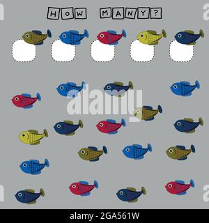 Developing activities for children, count as many  colorful cute  fishes. Logic game for children. Stock Vector