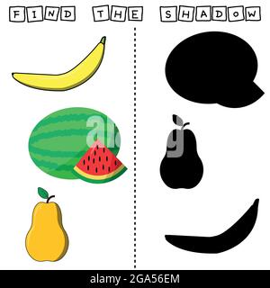 Developing activity for children, find a pair among identical of  fruites: banana, pear, watermelon. Logic game for children. Stock Vector