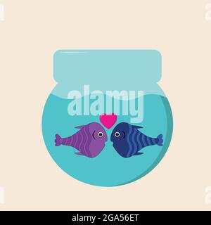 a pair of two fish in love pink and blue look at each other hearts fly above them in a round aquarium on monochrome Stock Vector