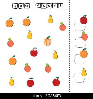 Developing activities for children, count as many  colorful fruites orange, apple, peach, pear. Logic game for children. Stock Vector