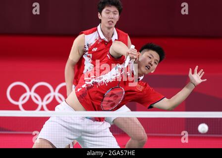 Tokyo, Japan. 29th July, 2021. Liu Yuchen (front) and Li Junhui of China compete during the Tokyo 2020 men's doubles quarterfinal of badminton in Tokyo, Japan, July 29, 2021. Credit: Yang Lei/Xinhua/Alamy Live News Stock Photo