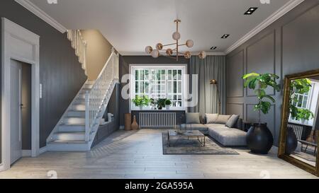 modern house living interior design. 3d concept illustration Stock ...