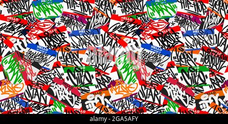Seamless Colorful Abstract Urban Graffiti Style Sticker Bombing Hello My Name Is With Some Street Art Lettering Vector Illustration Art Stock Vector