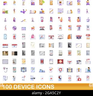100 device icons set. Cartoon illustration of 100 device icons vector set isolated on white background Stock Vector