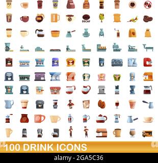 100 drink icons set. Cartoon illustration of 100 drink icons vector set isolated on white background Stock Vector