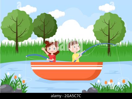 Children Fishing Fish By The River While Enjoying Quality Time At