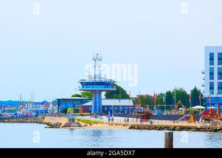 Control tower of the traffic center at the Trave river mouth in Travemuende at the Baltic Sea Stock Photo