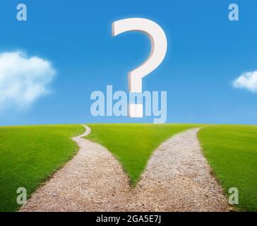 large question mark and fork in the road, 3D illustration Stock Photo