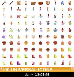 100 universal icons set. Cartoon illustration of 100 universal icons vector set isolated on white background Stock Vector