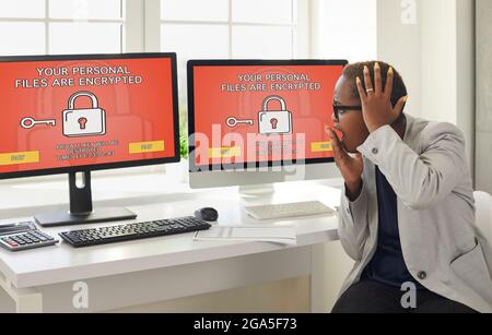Business woman gets stress from seeing a sign on computers that her personal files are encrypted Stock Photo