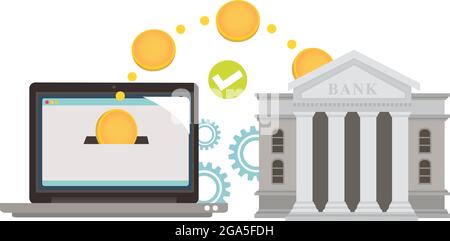 Transfer, give or borrow money to the bank online. Mobile payment with laptop computer. Transaction, business internet pay and digital banking. Paymen Stock Vector