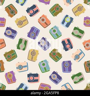 Seamless pattern with hand drown silhouette camera on color background. Business elements icons in doodle style, infographic. Fashion vector stock Stock Vector