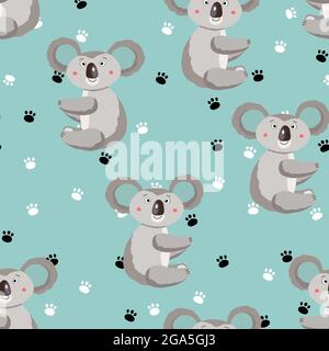 Seamless pattern with cute koala baby and footprint on color background. Funny australian animals. Card, postcards for kids. Flat vector illustration Stock Vector