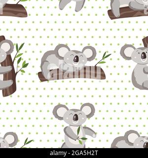 Seamless pattern with cute koala on white polka dots background. Funny australian animals. Card, postcards for kids. Flat vector illustration for Stock Vector