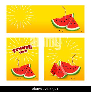 Set Summer banner with Watermelon. Sun rays drawn white pencil. Stock Vector