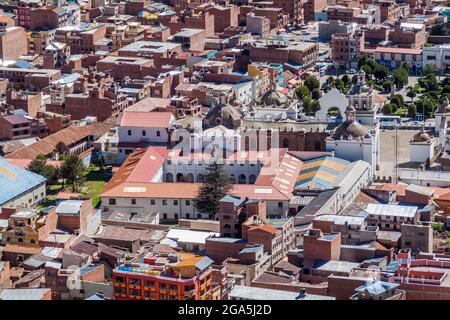 Aerial view of Copacabana town on the coast of Titicaca lake, Bolivia Stock Photo