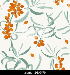 Sea buckthorn branch. Seamless pattern. Floral simple minimalistic graphic design. Stock vector illustration. Stock Vector