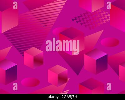 3d geometric shape seamless pattern in 80s style. Red gradient color. Isometric three-dimensional geometric shapes for printing on paper, promotional Stock Vector