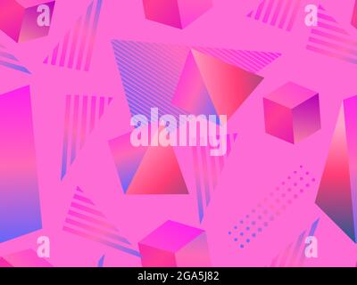 3d geometric shape seamless pattern in 80s style. Red gradient color. Isometric three-dimensional geometric shapes for printing on paper, promotional Stock Vector