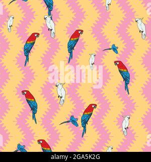 Vector orange background tropical birds, parrots, macaw, exotic cockatoo birds. Seamless pattern background Stock Vector