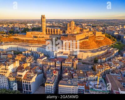 Aerial view of old cathedral of La Seu Vella e Lleida Church in Lleida Catalonia, Spain. Historic centre of Lleida in Spain, cathedral, castle and for Stock Photo