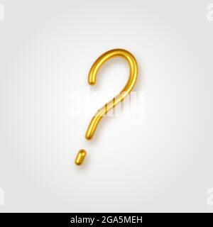 Gold 3d realistic question sign on a light background. Vector illustration. Stock Vector