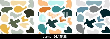 Set of three seamless patterns. Hand drawn various shapes and doodle objects. Abstract contemporary modern trendy vector illustration. Stamp texture. Every pattern is isolated. Vector illustration Stock Vector